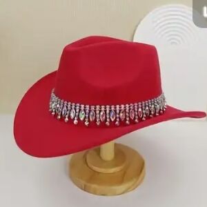 Chic Red Women's Hat with Crystal Accents